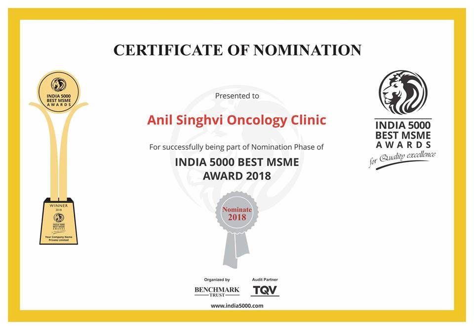 India 5000 Best MSME Award 2018 certificate of nomination for Anil Singhvi Oncology Clinic